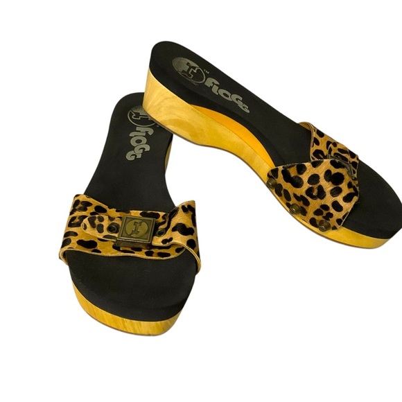 FLOGG Melanie Sandal Wedge Faux Fur Calf SZ 5.5”Women Mule Wooden Heel Boho - Picture 1 of 12